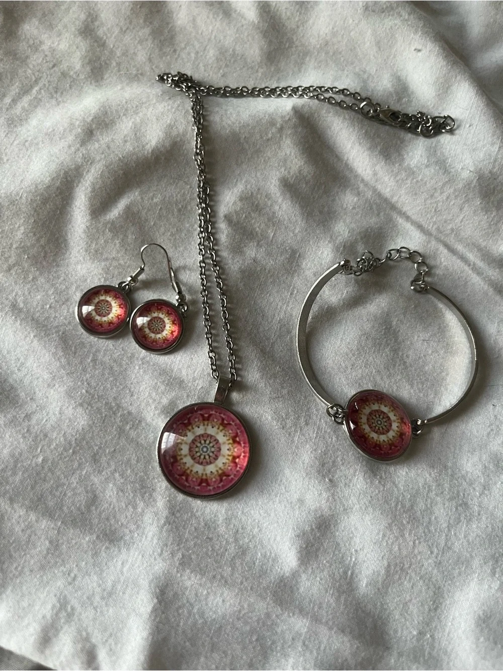 Silver-Tone Pink Mandala Pendant Necklace, Bracelet & Earrings Set
